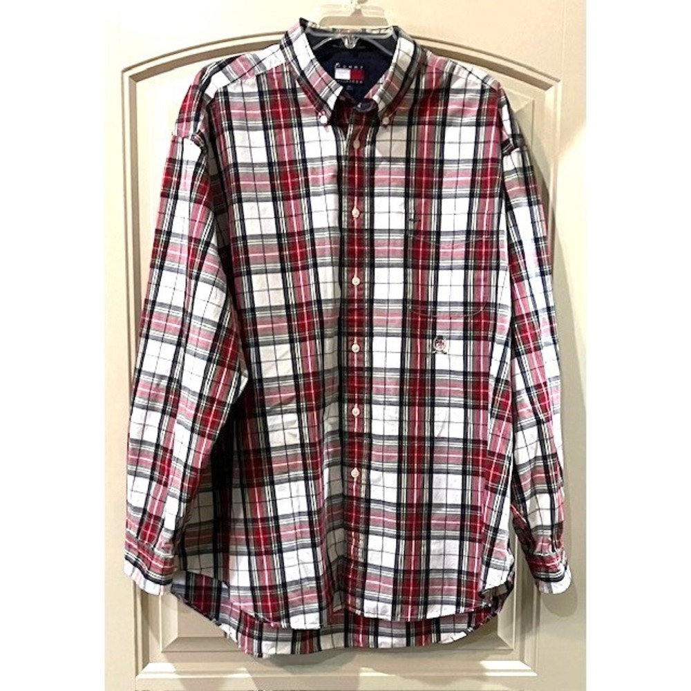 Men's Tommy Hilfiger Size‎ XL Men's Shirt Cream Red Green & Navy Blue Plaid